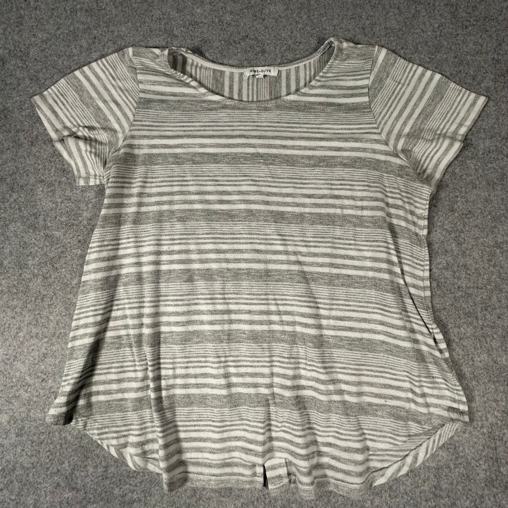 Rose + Olive Striped Short Sleeve Top Womens 2X Gray White Button Back